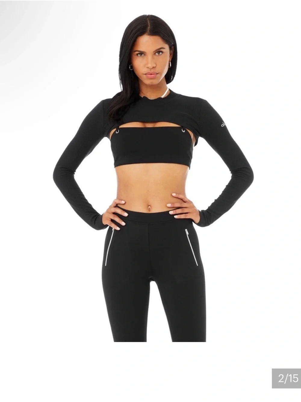 ALO Yoga Black Long-Sleeve Crop Top with Built-In Bandeau and Cutout